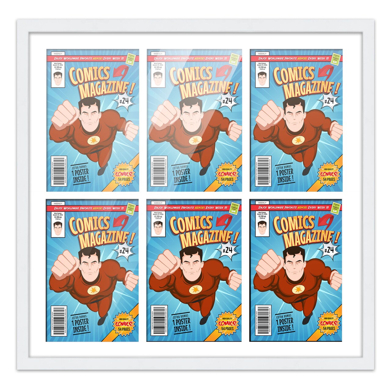Comic Book Display Frame for Current Era Comic Published After 1985 - White Wood Comic Frame With White Mat for 6.875x10.5 Comic, 18 Frame Sizes